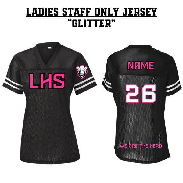 STAFF ONLY LHS Ladies Football Jersey - BLACK & PINK GLITTER