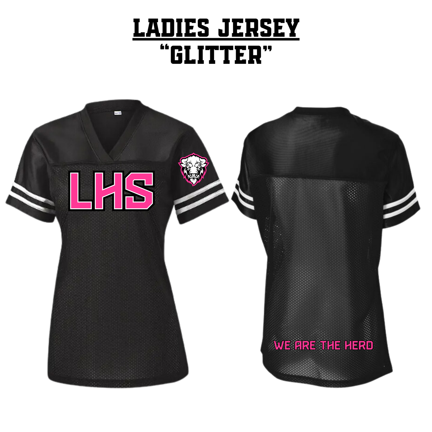CUSTOM LHS Ladies Football Jersey - BLACK, WHITE & PINK GLITTER
