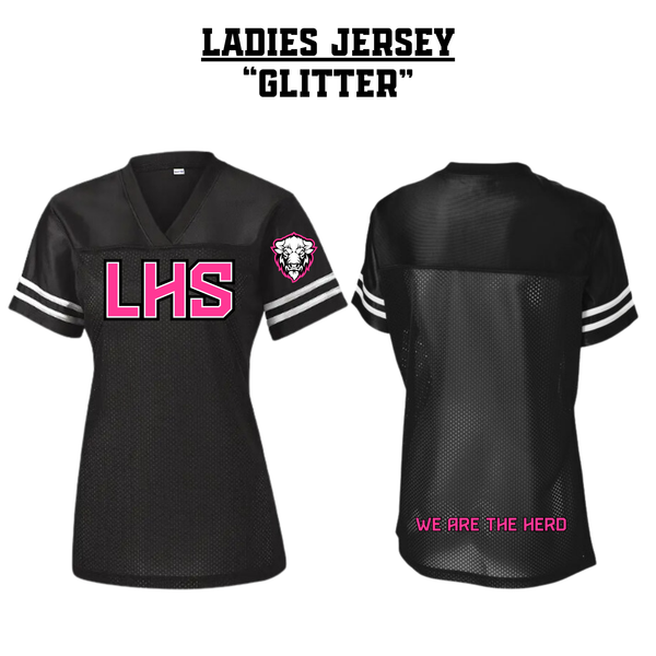 CUSTOM LHS Ladies Football Jersey - BLACK, WHITE & PINK GLITTER