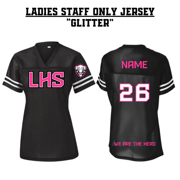 STAFF ONLY LHS Ladies Football Jersey - BLACK, WHITE & PINK GLITTER