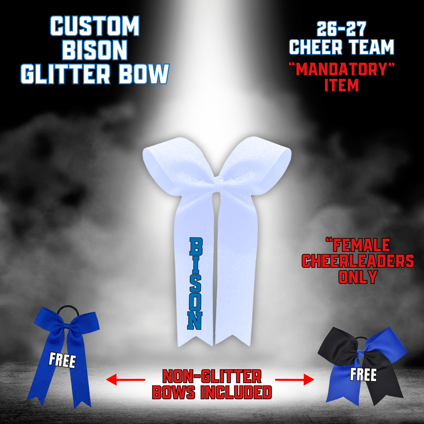 26-27 Cheer Team Glitter Cheer Bows-WHITE (BISON OR SENIOR OPTIONS)