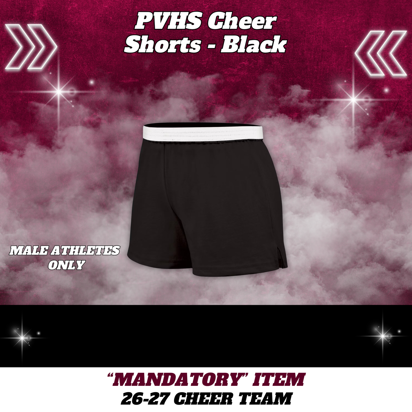 26-27 Cheer Team Cotton Cheer Shorts - BLACK - MALE Athletes ONLY