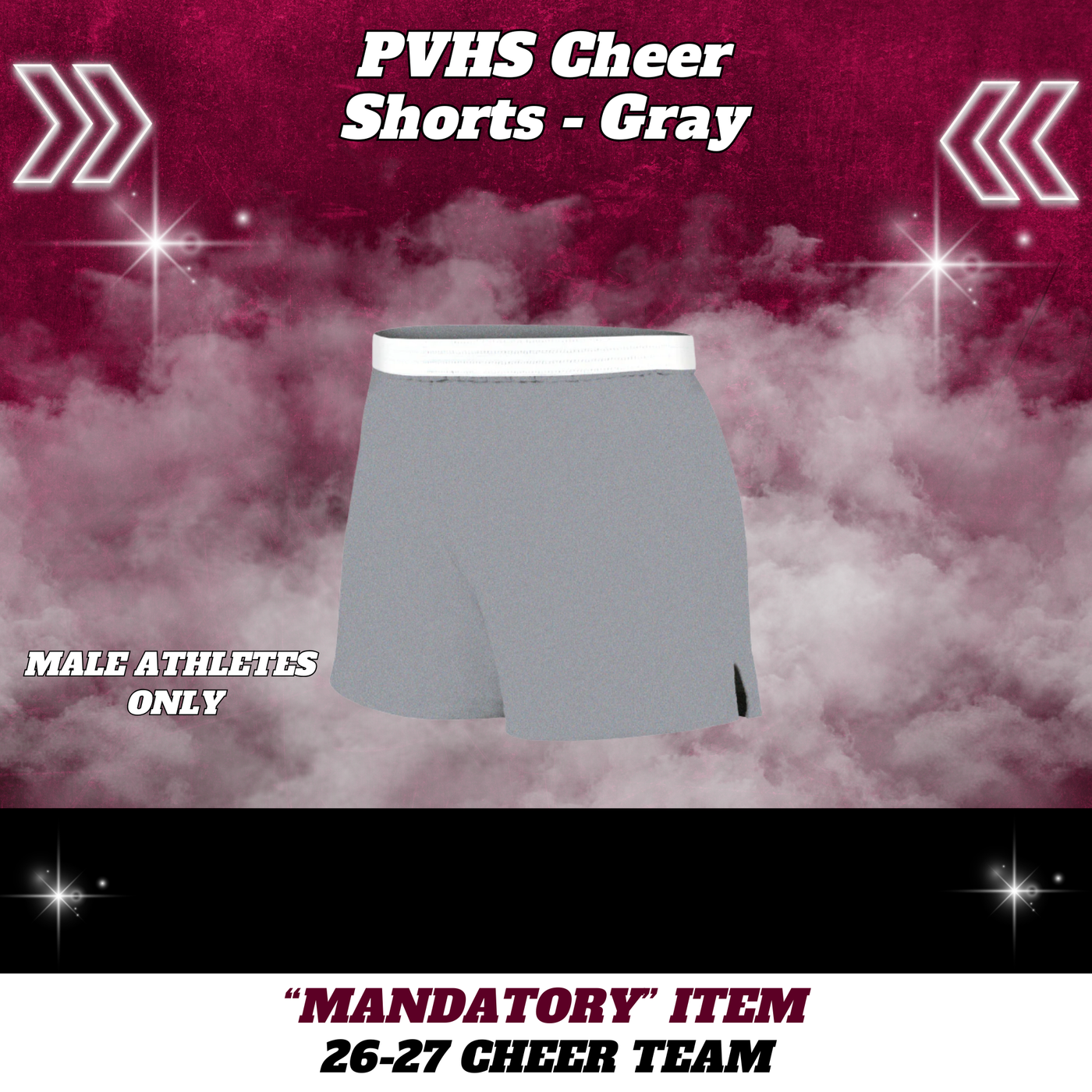 26-27 Cheer Team Cotton Cheer Shorts - GRAY - MALE Athletes ONLY