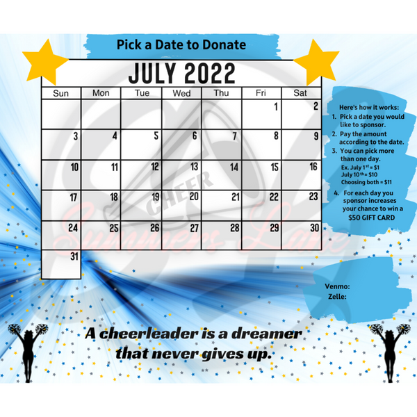 July 2022 Cheerleading Donation Calendar FACEBOOK POST Design Digital Download