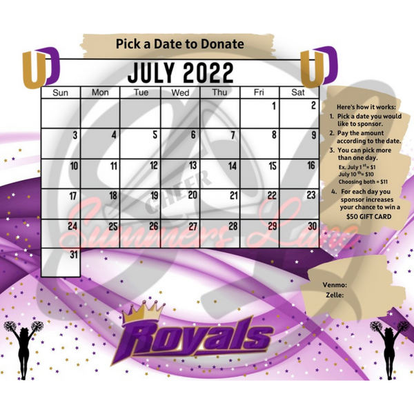 Custom Royals July 2022 Cheerleading Donation Calendar FACEBOOK POST Design Digital Download